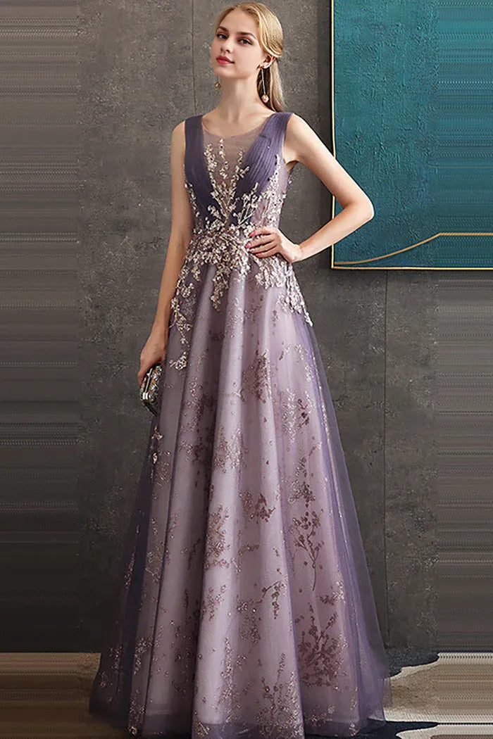 Weitese Dress Purple A Line Round Neck Elegant Tulle Maxi Dress Sleeveless With Sequins Prom Dress